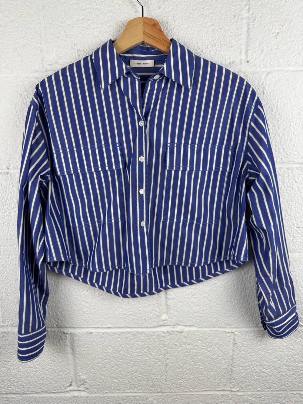 Rebecca Taylor Blue White Striped Cropped Button Down Shirt Top XS